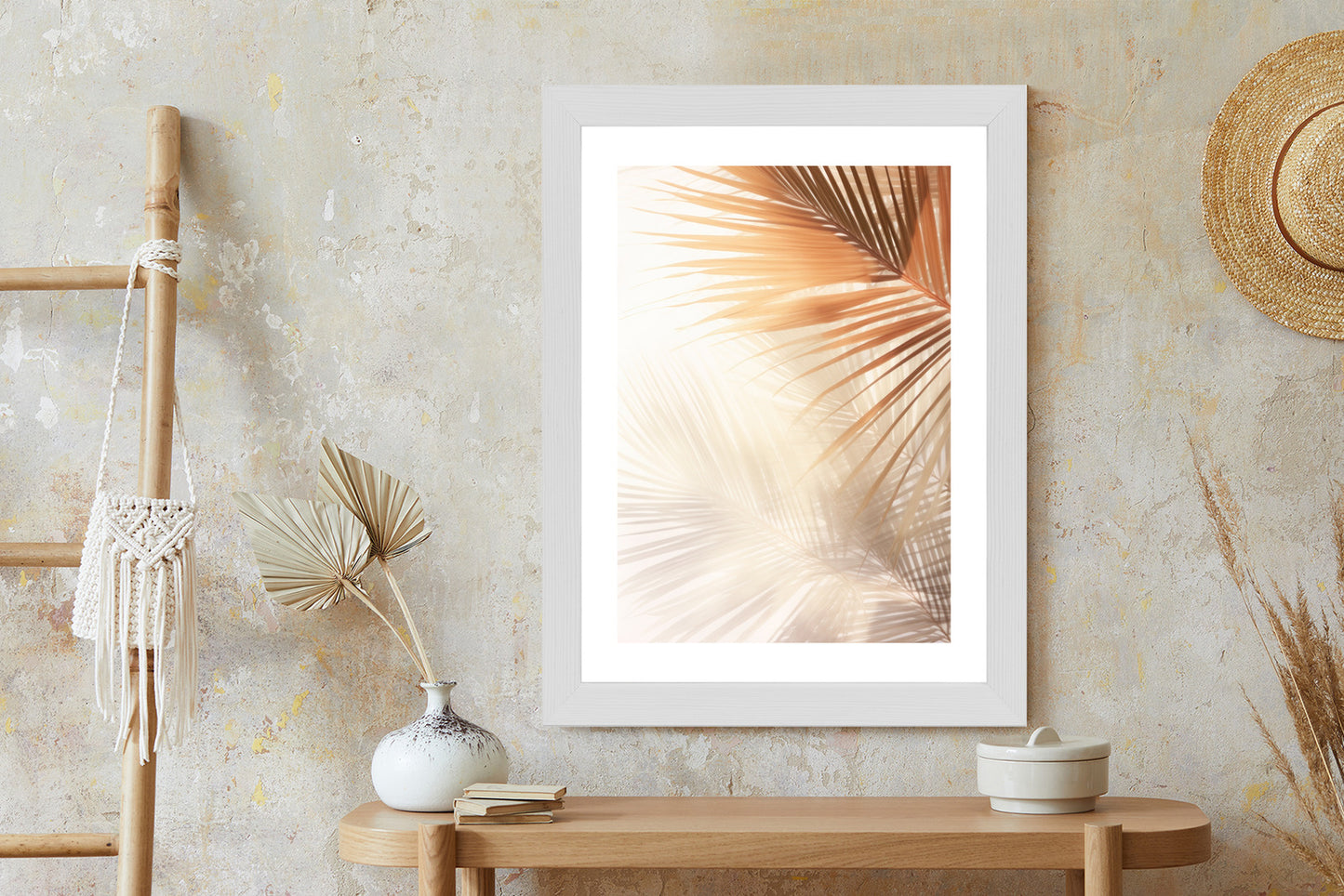 Poster Tropische Palmblätter Mit Schatten Rahmen Holz Mit Passepartout Farbe Natürlich