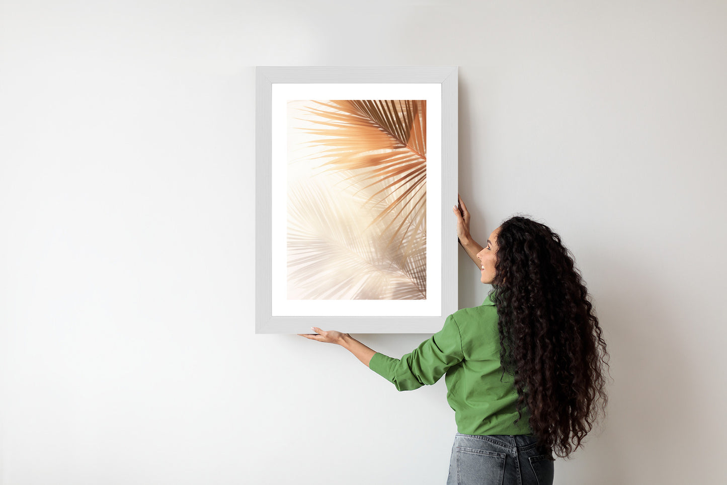 Poster Tropische Palmblätter Mit Schatten Rahmen Holz Mit Passepartout Farbe Natürlich