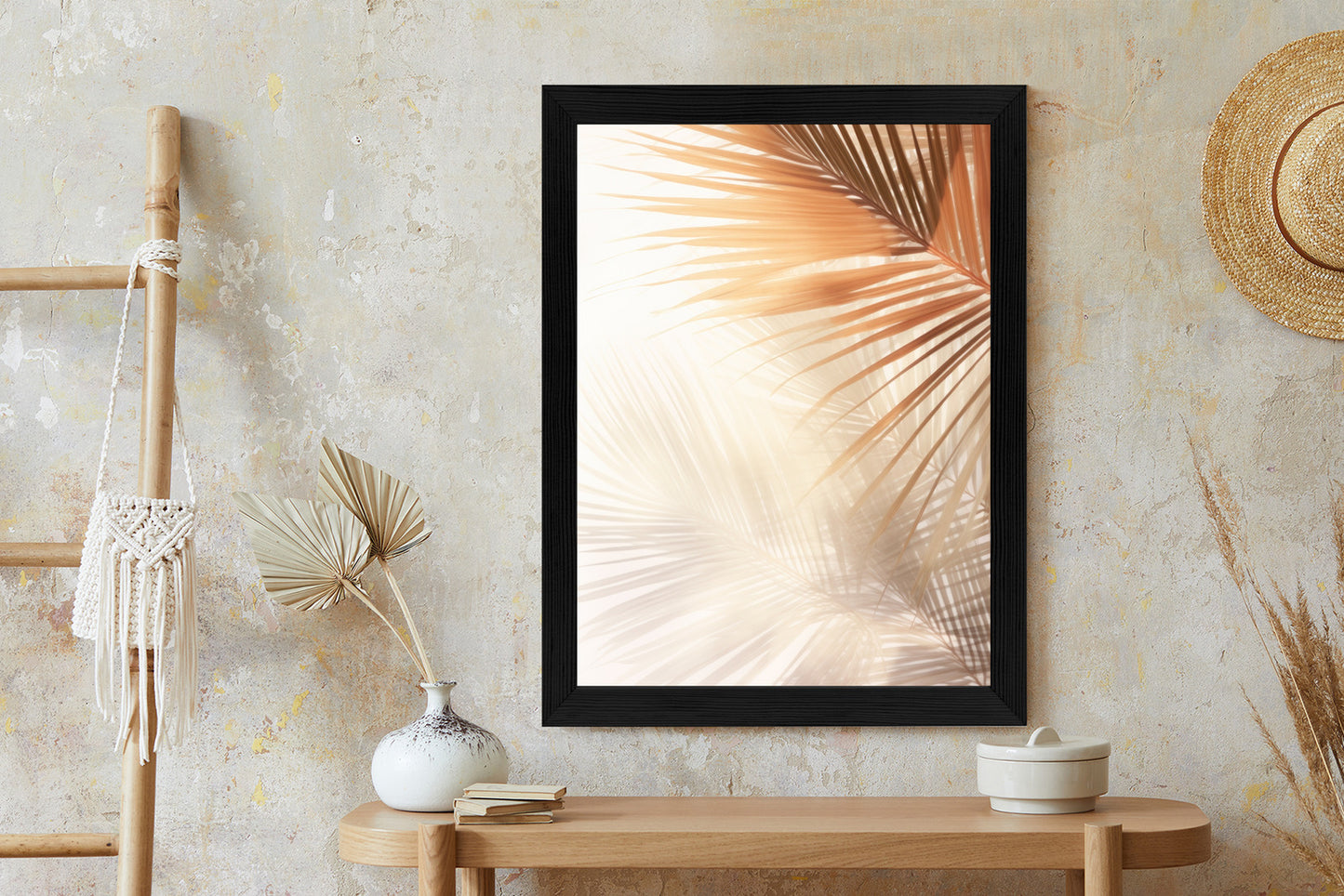 Poster Tropische Palmblätter Mit Schatten Rahmen Holz Mit Passepartout Farbe Natürlich