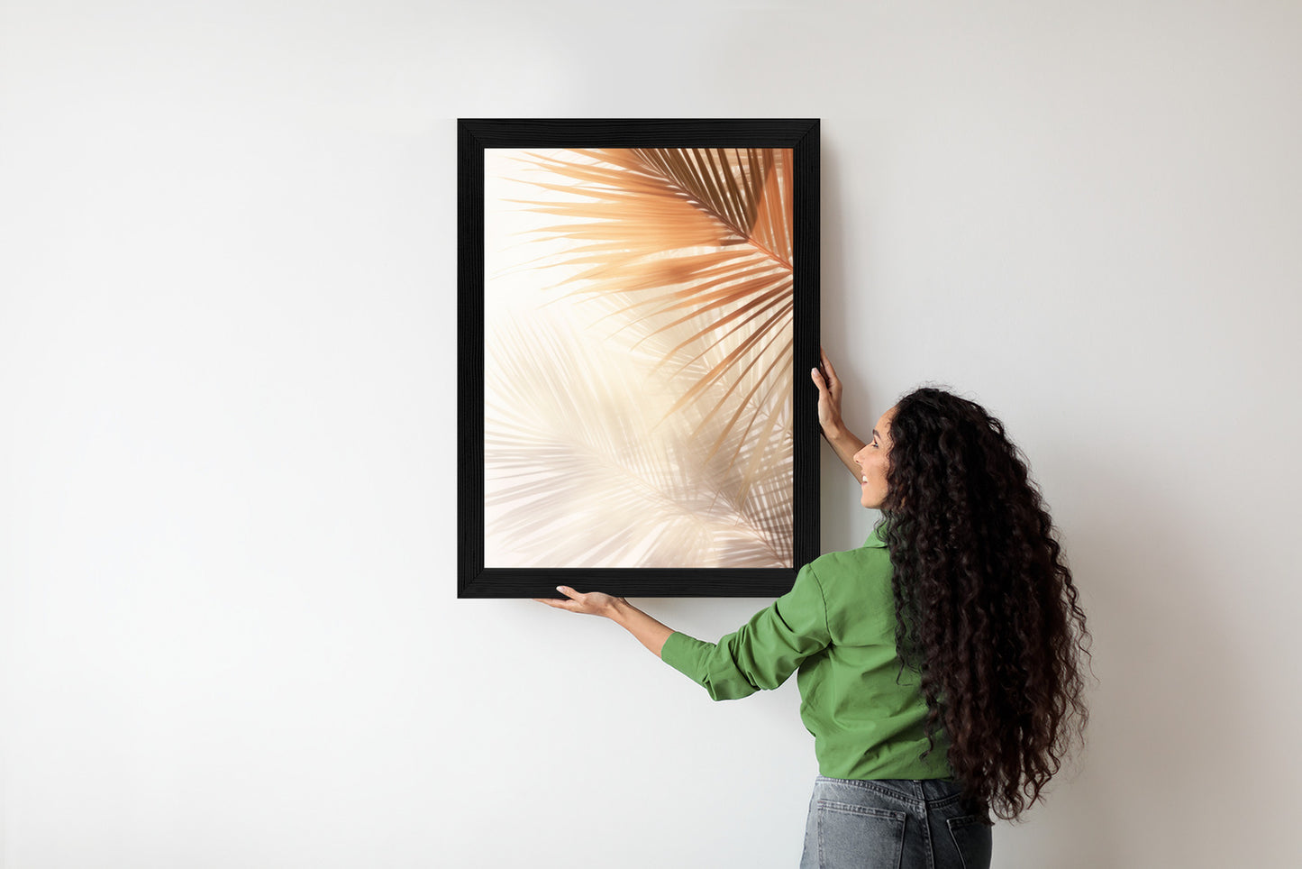Poster Tropische Palmblätter Mit Schatten Rahmen Holz Mit Passepartout Farbe Natürlich
