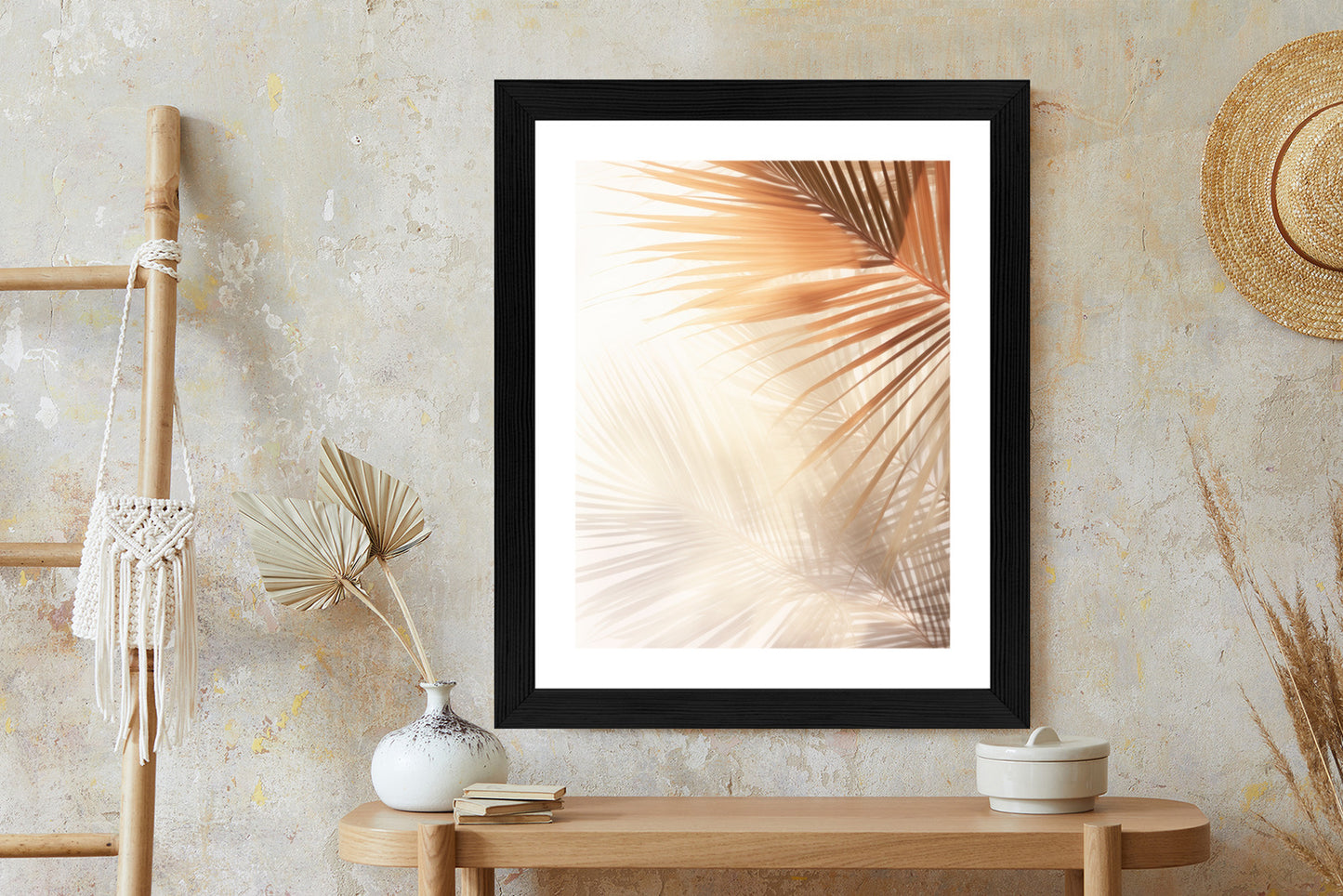 Poster Tropische Palmblätter Mit Schatten Rahmen Holz Mit Passepartout Farbe Natürlich