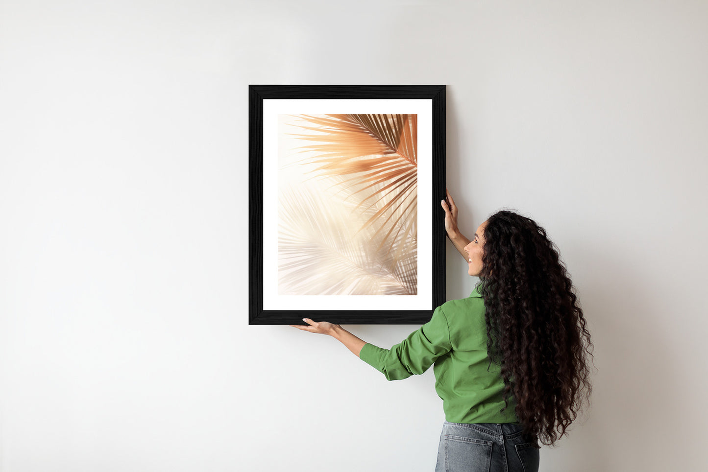 Poster Tropische Palmblätter Mit Schatten Rahmen Holz Mit Passepartout Farbe Natürlich