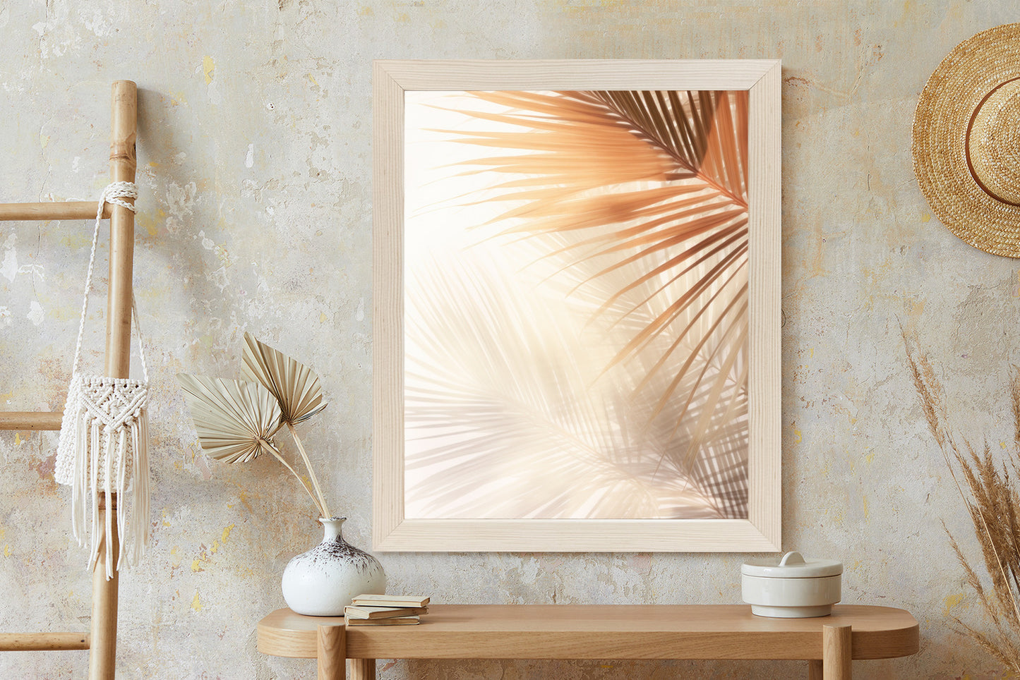 Poster Tropische Palmblätter Mit Schatten Rahmen Holz Mit Passepartout Farbe Natürlich