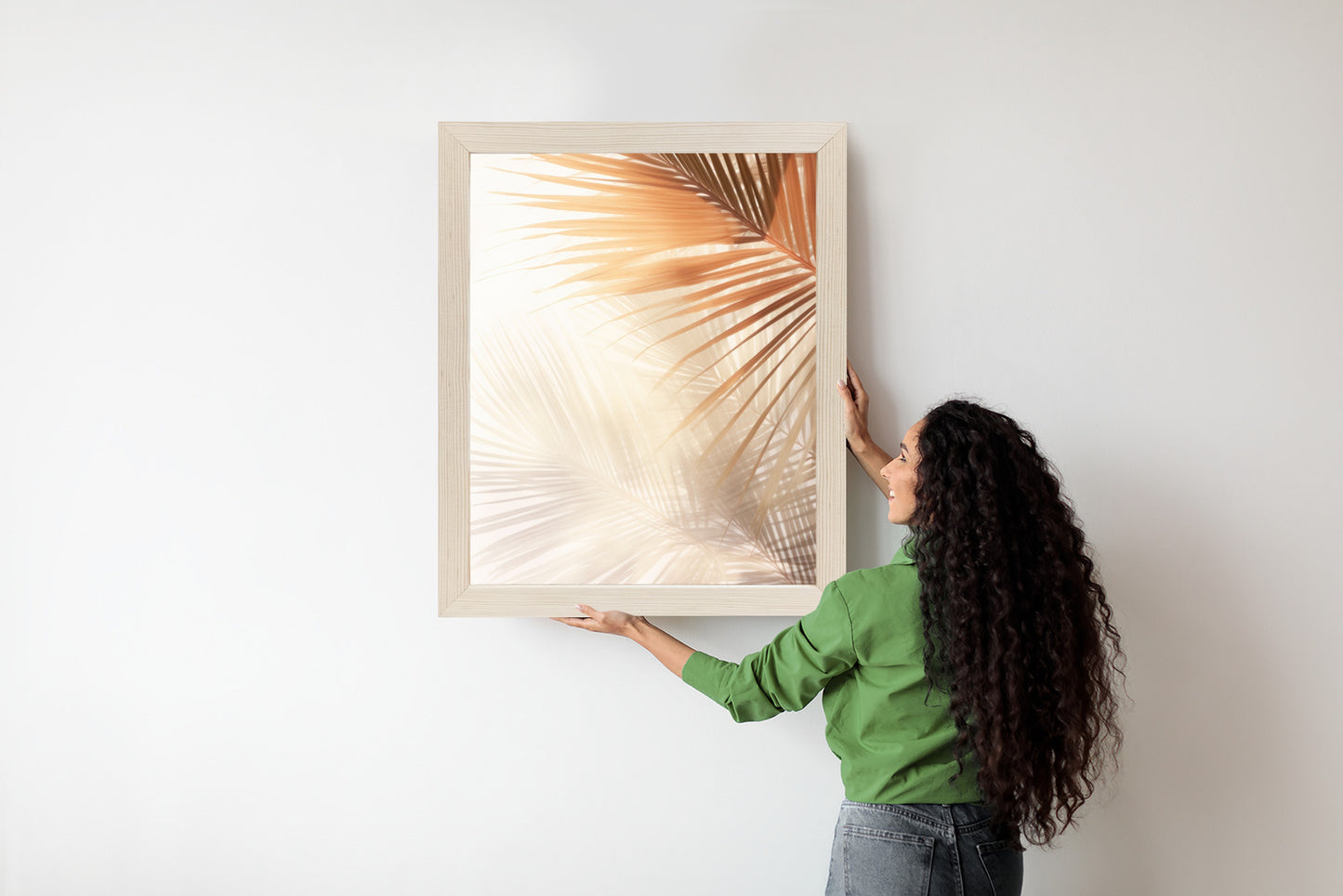 Poster Tropische Palmblätter Mit Schatten Rahmen Holz Mit Passepartout Farbe Natürlich