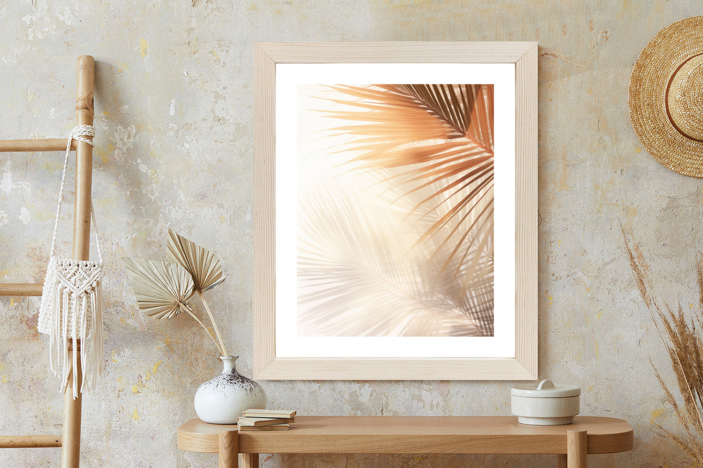 Poster Tropische Palmblätter Mit Schatten Rahmen Holz Mit Passepartout Farbe Natürlich