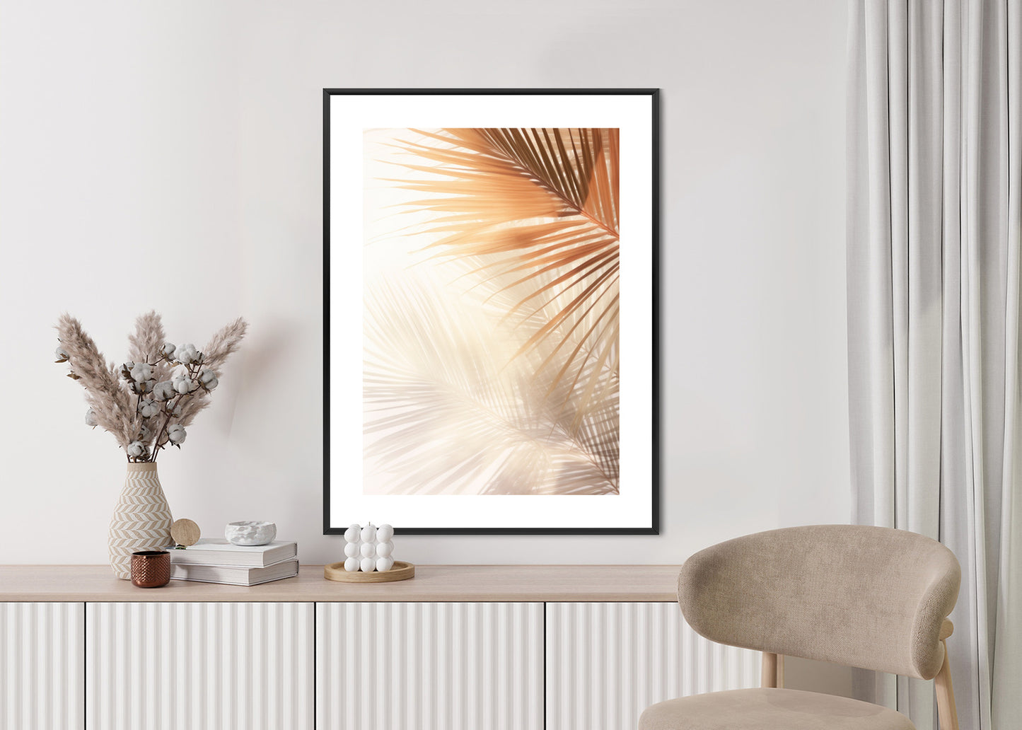 Poster Tropische Palmblätter Mit Schatten Rahmen Holz Mit Passepartout Farbe Natürlich