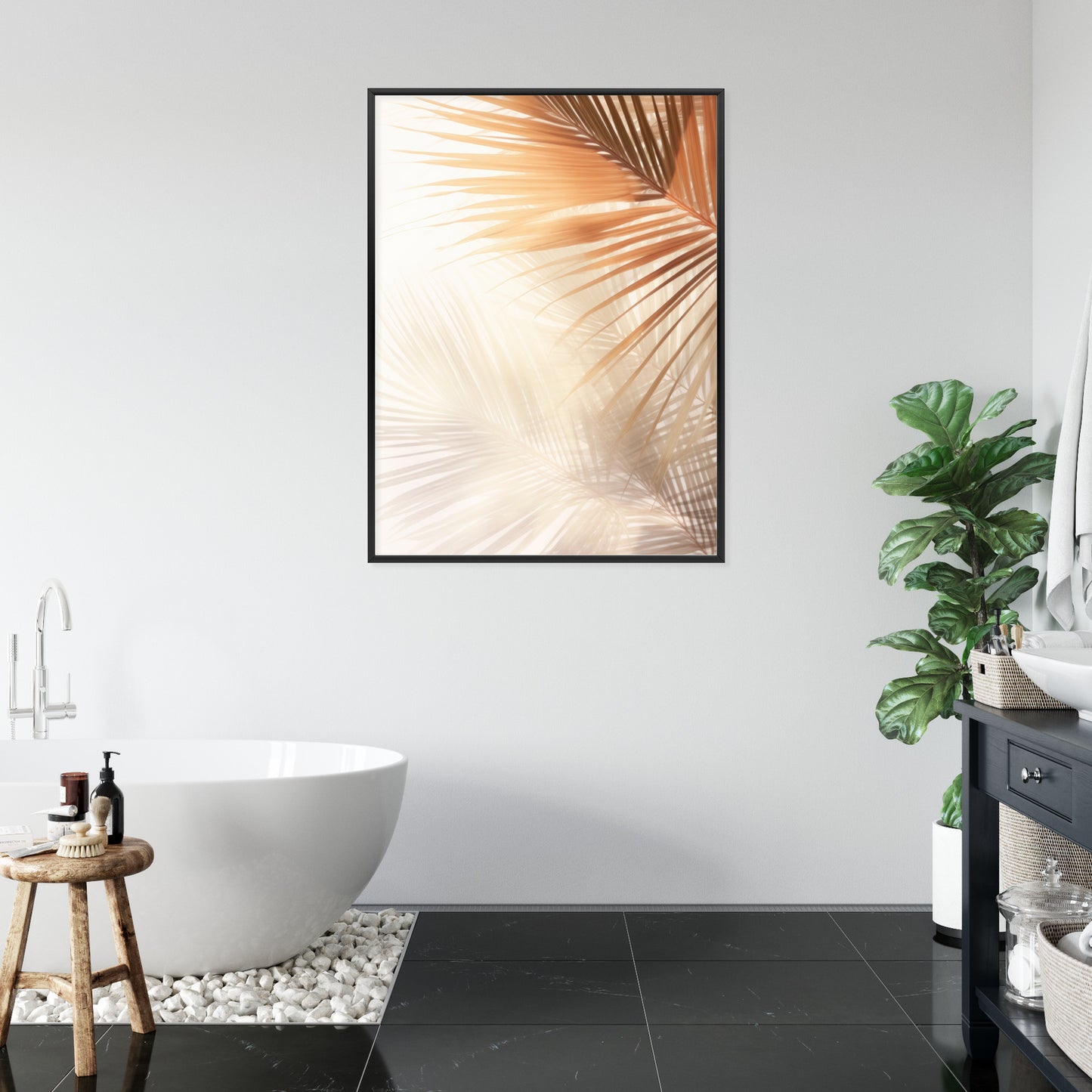 Poster Tropische Palmblätter Mit Schatten Rahmen Holz Mit Passepartout Farbe Natürlich