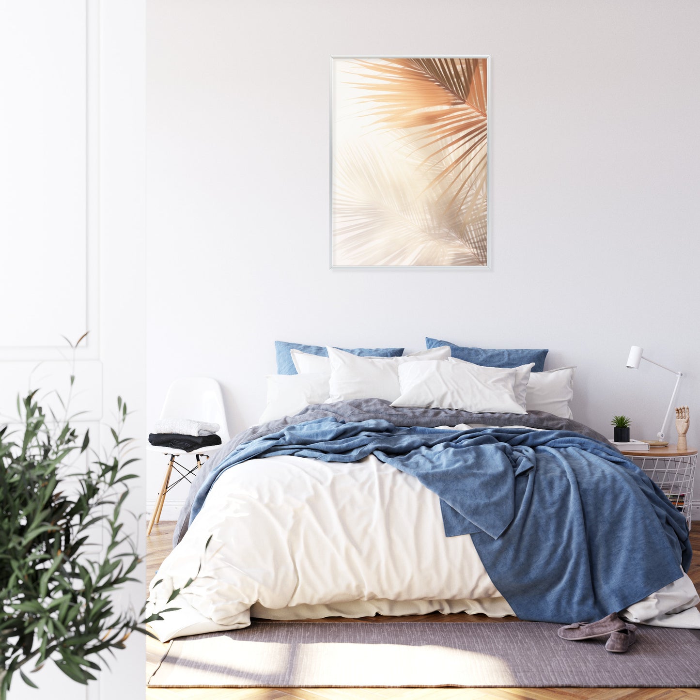 Poster Tropische Palmblätter Mit Schatten Rahmen Holz Mit Passepartout Farbe Natürlich