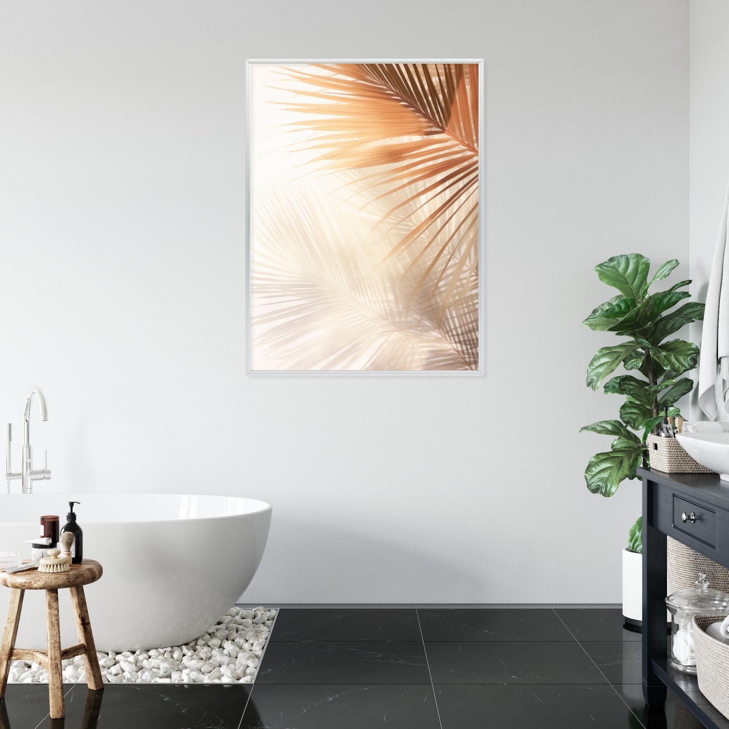 Poster Tropische Palmblätter Mit Schatten Rahmen Holz Mit Passepartout Farbe Natürlich