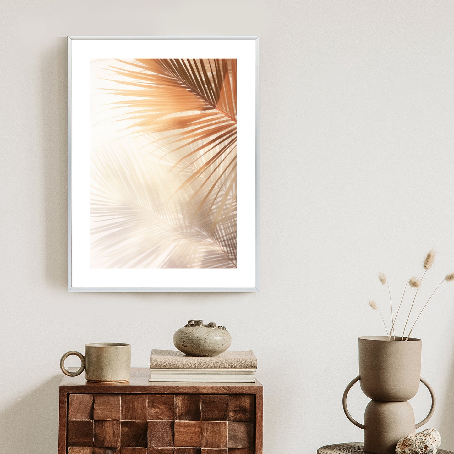 Poster Tropische Palmblätter Mit Schatten Rahmen Holz Mit Passepartout Farbe Natürlich