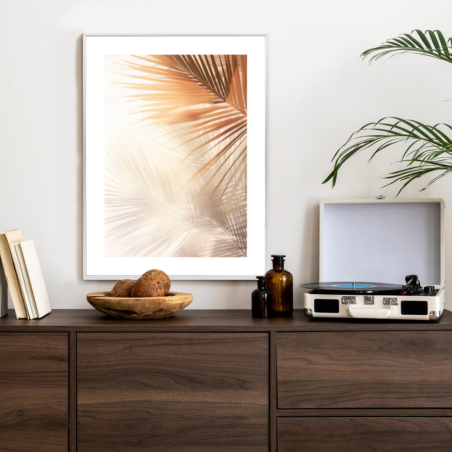 Poster Tropische Palmblätter Mit Schatten Rahmen Holz Mit Passepartout Farbe Natürlich