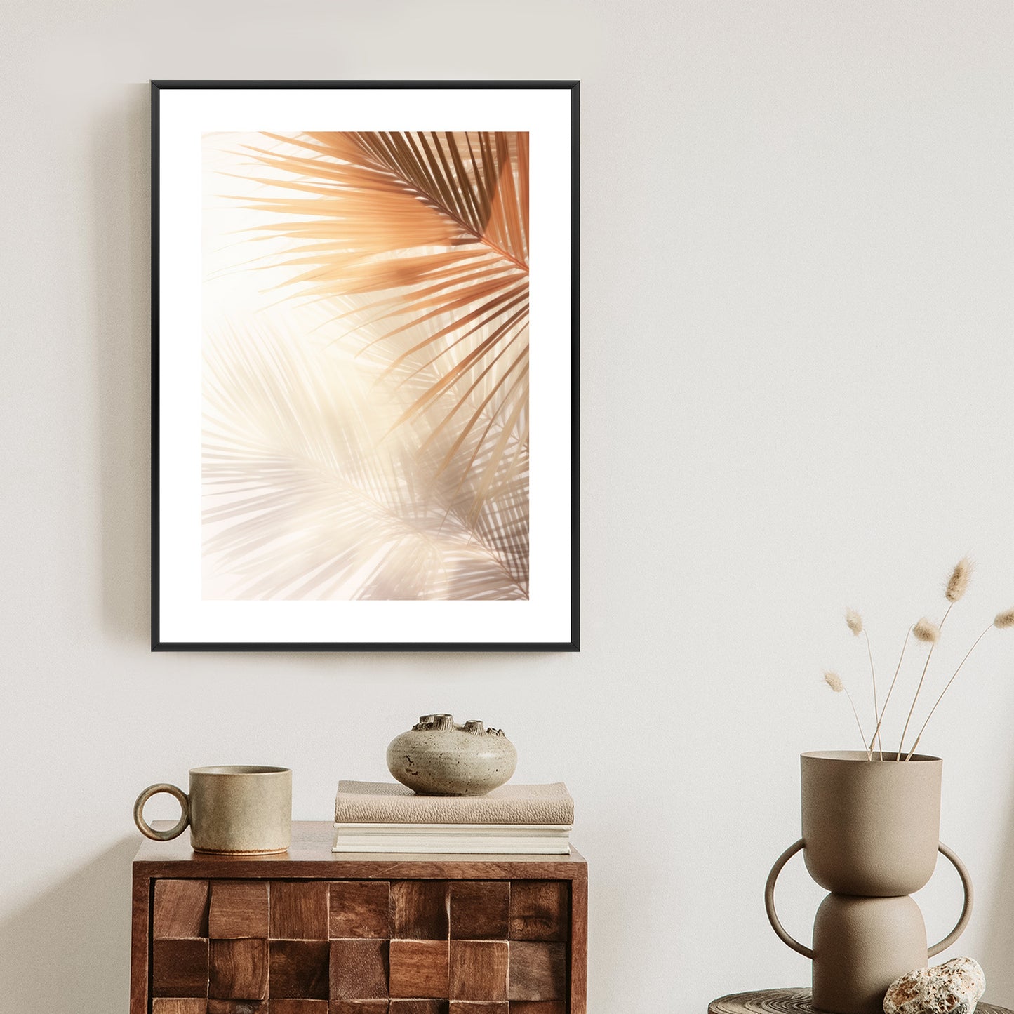 Poster Tropische Palmblätter Mit Schatten Rahmen Holz Mit Passepartout Farbe Natürlich