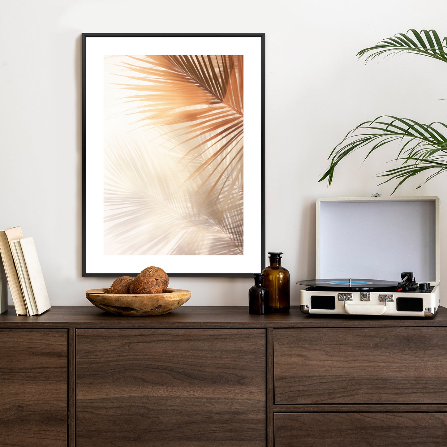 Poster Tropische Palmblätter Mit Schatten Rahmen Holz Mit Passepartout Farbe Natürlich