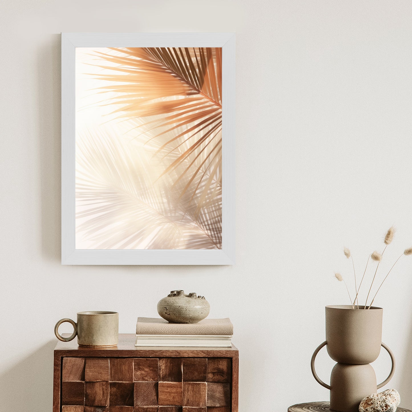Poster Tropische Palmblätter Mit Schatten Rahmen Holz Mit Passepartout Farbe Natürlich