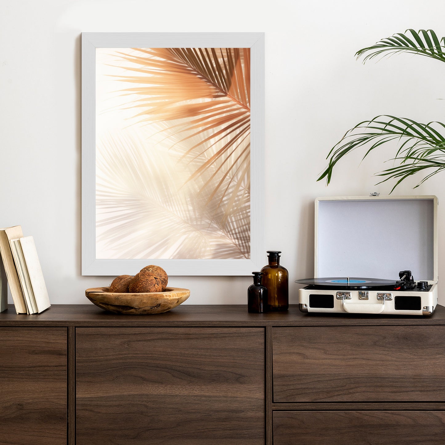 Poster Tropische Palmblätter Mit Schatten Rahmen Holz Mit Passepartout Farbe Natürlich