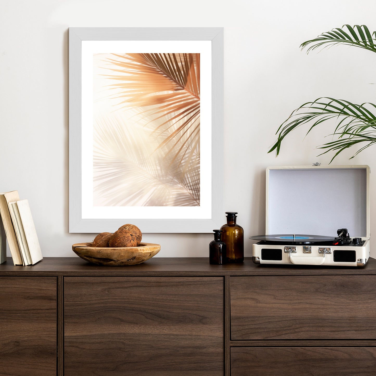 Poster Tropische Palmblätter Mit Schatten Rahmen Holz Mit Passepartout Farbe Natürlich