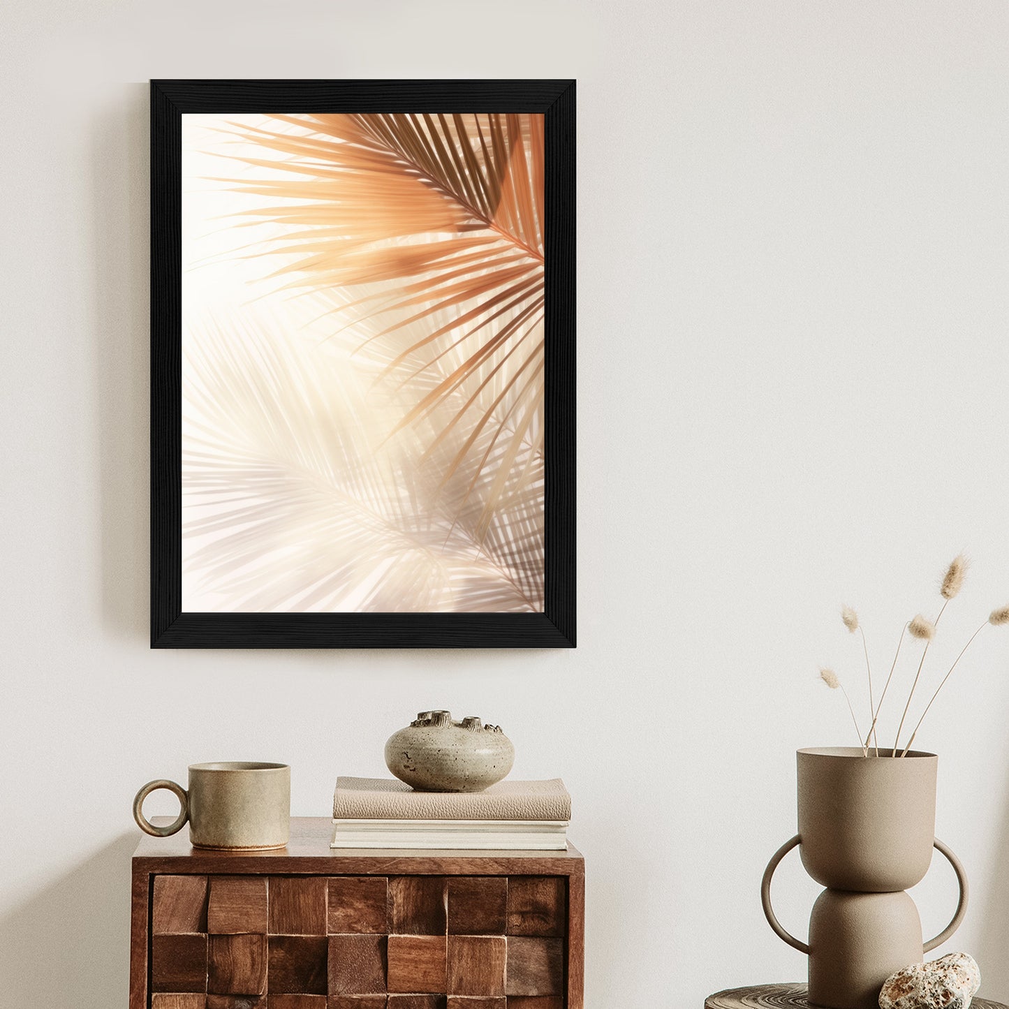 Poster Tropische Palmblätter Mit Schatten Rahmen Holz Mit Passepartout Farbe Natürlich