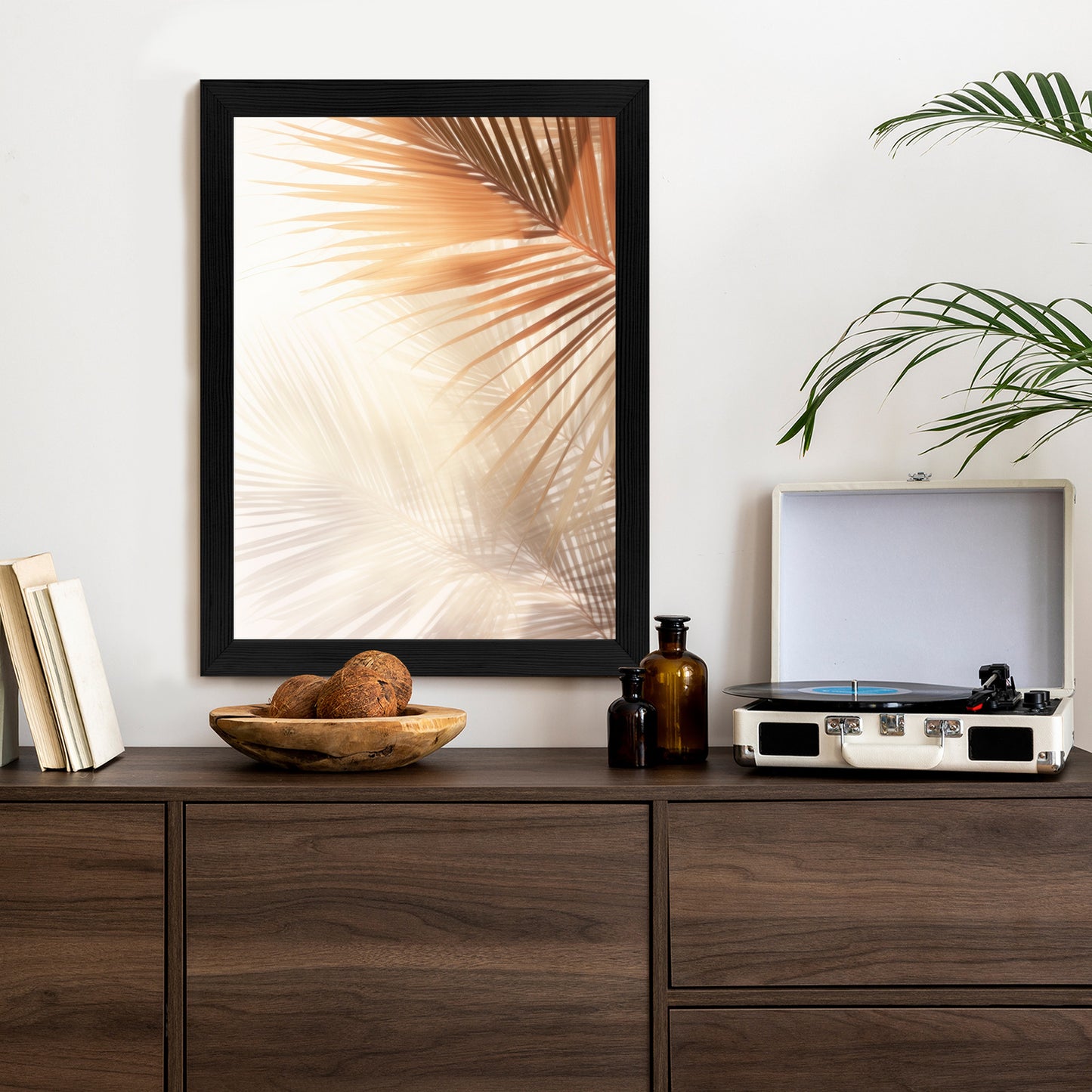 Poster Tropische Palmblätter Mit Schatten Rahmen Holz Mit Passepartout Farbe Natürlich