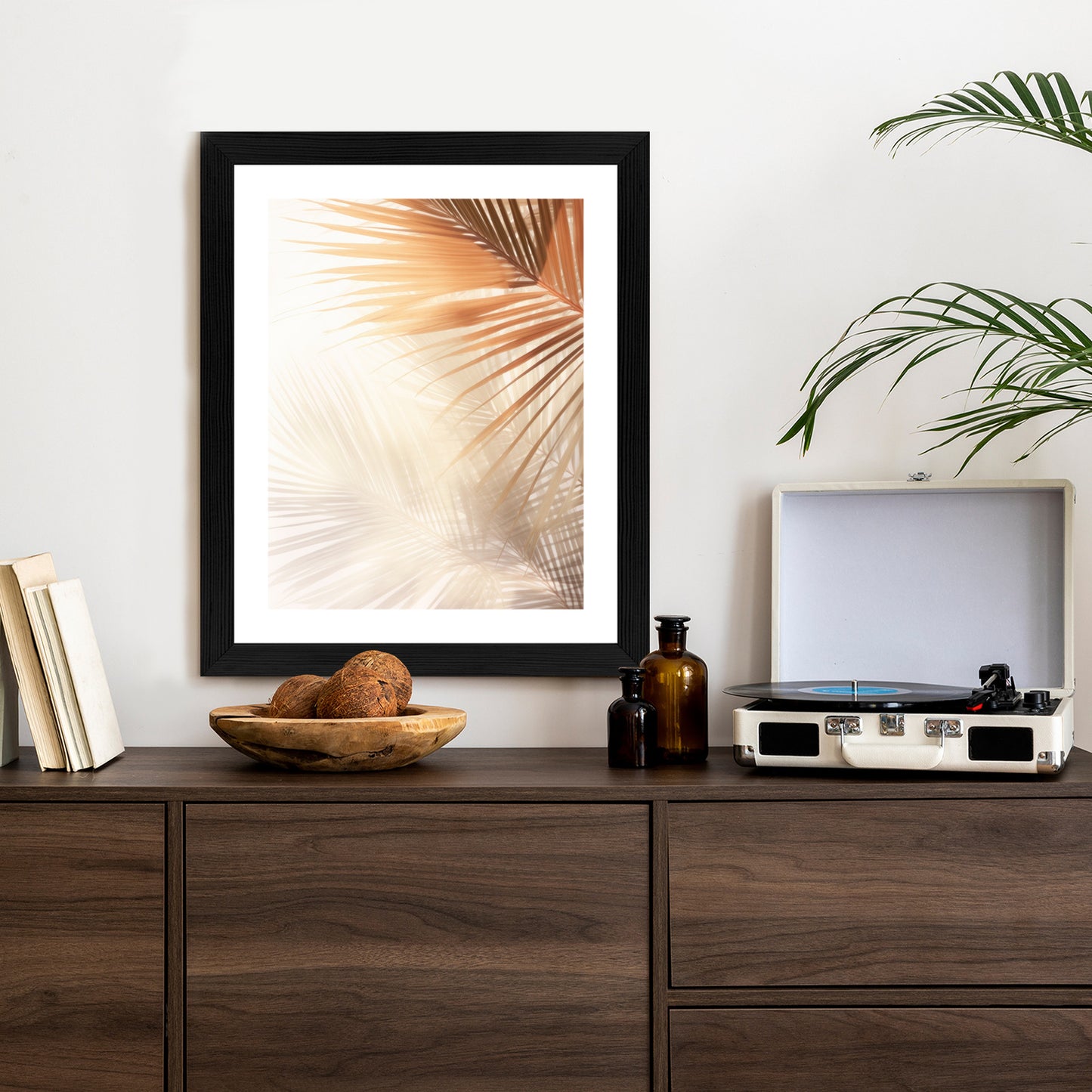 Poster Tropische Palmblätter Mit Schatten Rahmen Holz Mit Passepartout Farbe Natürlich