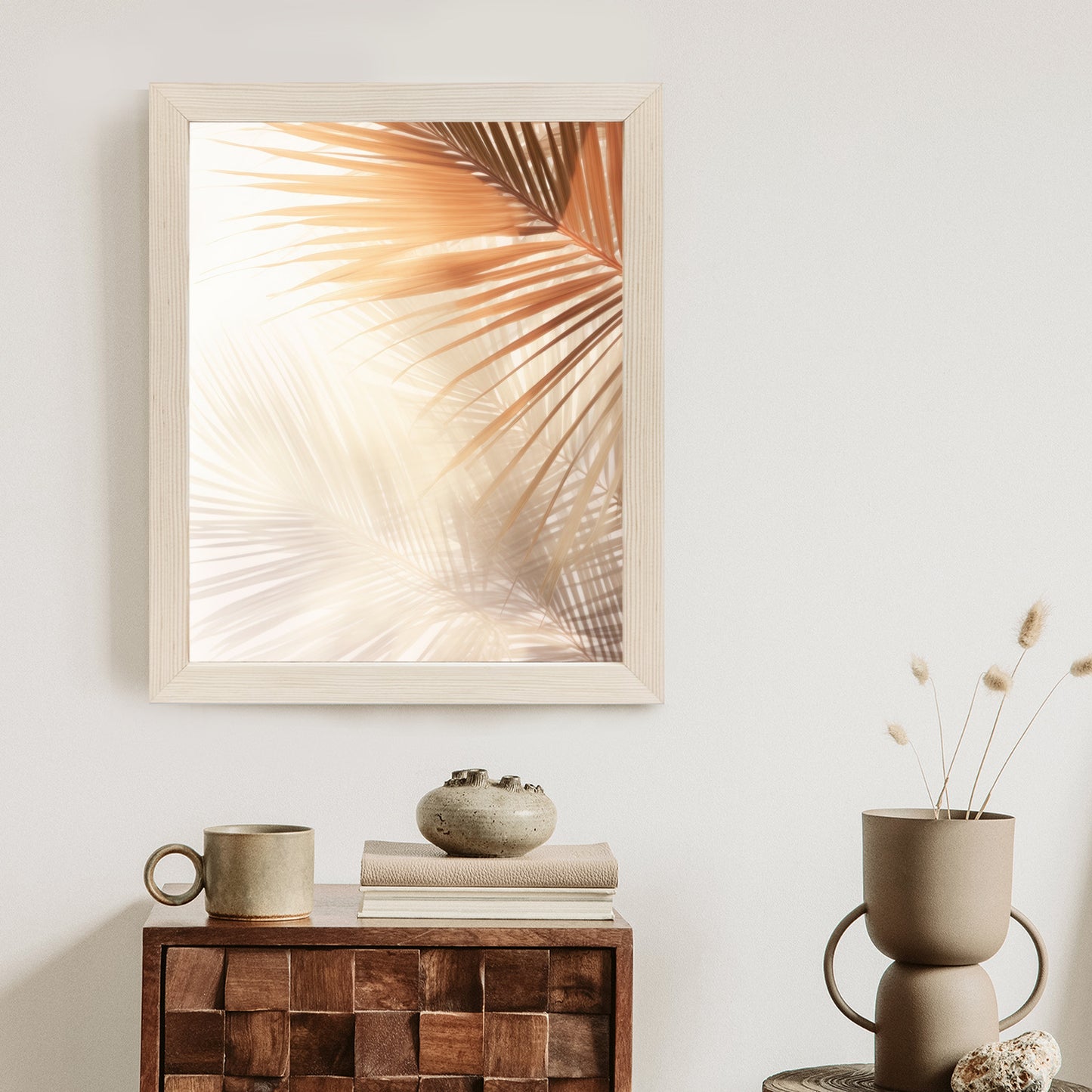 Poster Tropische Palmblätter Mit Schatten Rahmen Holz Mit Passepartout Farbe Natürlich