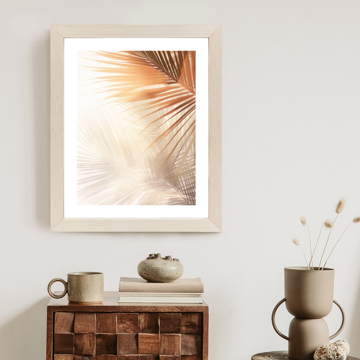 Poster Tropische Palmblätter Mit Schatten Rahmen Holz Mit Passepartout Farbe Natürlich