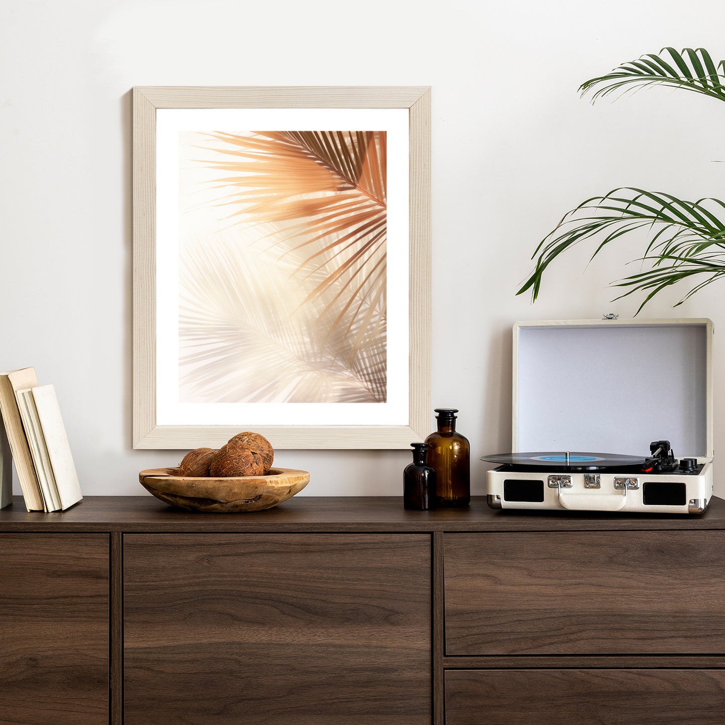 Poster Tropische Palmblätter Mit Schatten Rahmen Holz Mit Passepartout Farbe Natürlich