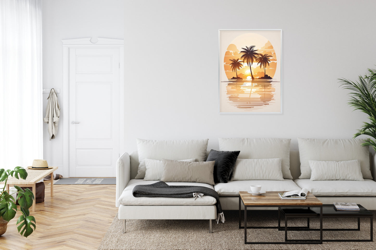 Poster Sonnenuntergang Und Drei Palmen Rahmen Holz Mit Passepartout Farbe Natürlich