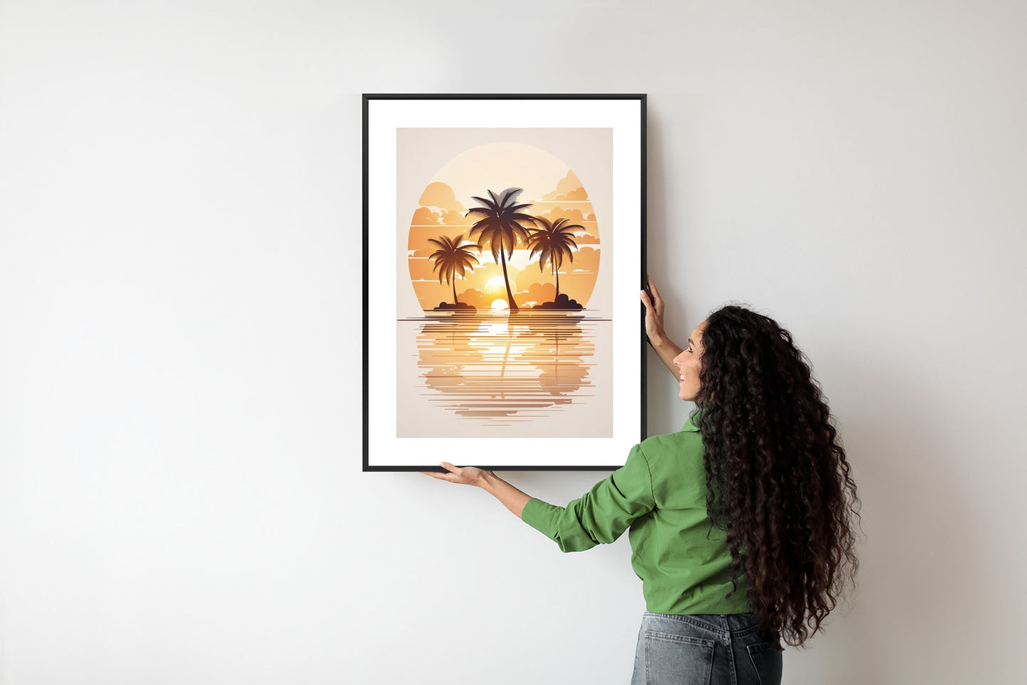 Poster Sonnenuntergang Und Drei Palmen Rahmen Holz Mit Passepartout Farbe Natürlich
