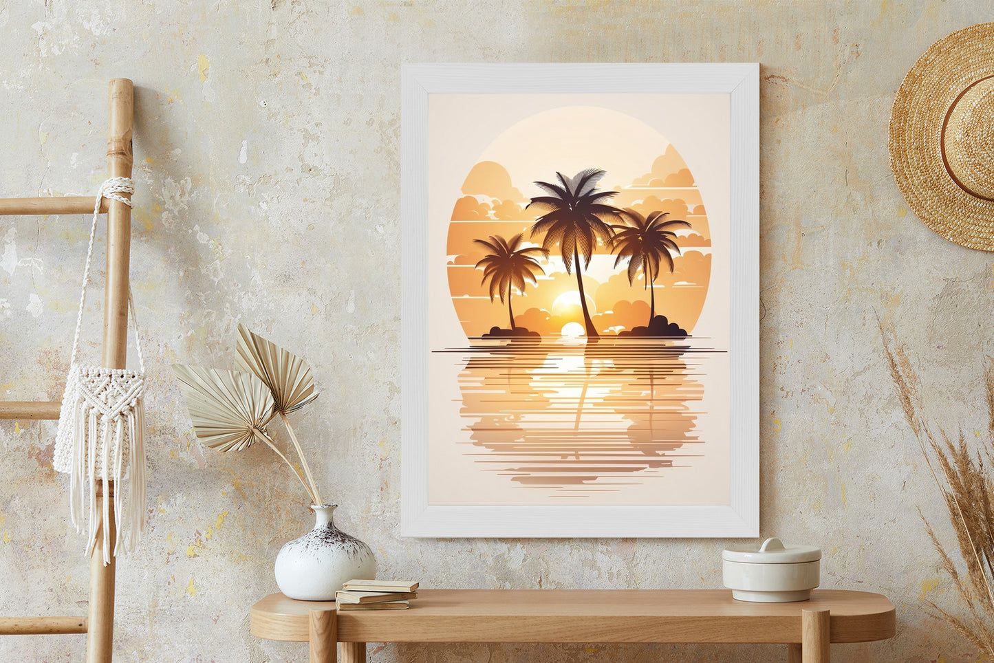 Poster Sonnenuntergang Und Drei Palmen Rahmen Holz Mit Passepartout Farbe Natürlich