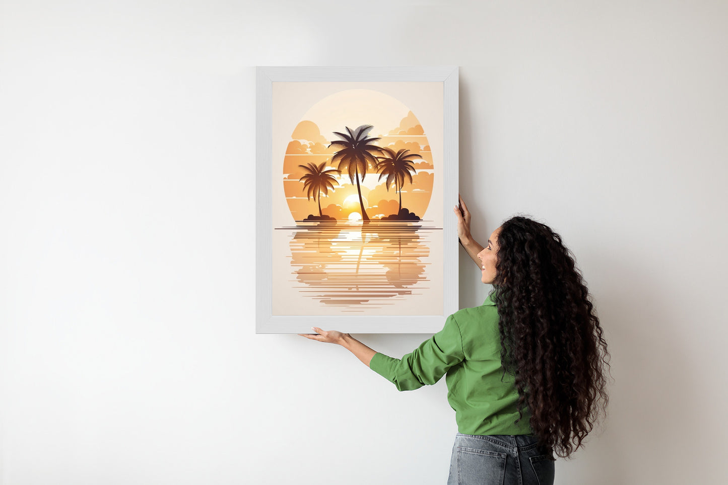 Poster Sonnenuntergang Und Drei Palmen Rahmen Holz Mit Passepartout Farbe Natürlich