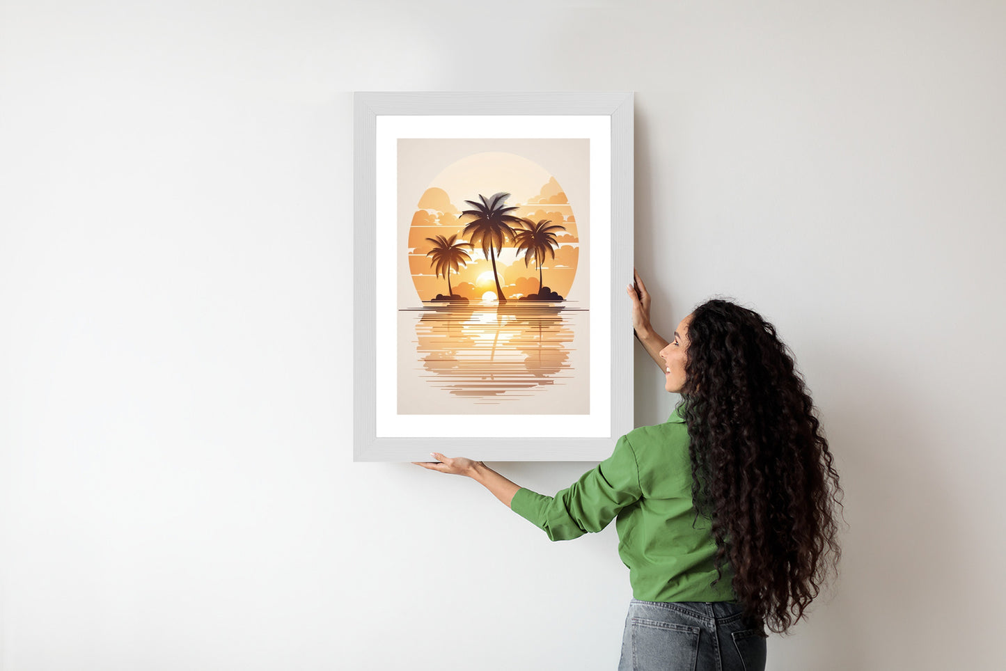 Poster Sonnenuntergang Und Drei Palmen Rahmen Holz Mit Passepartout Farbe Natürlich
