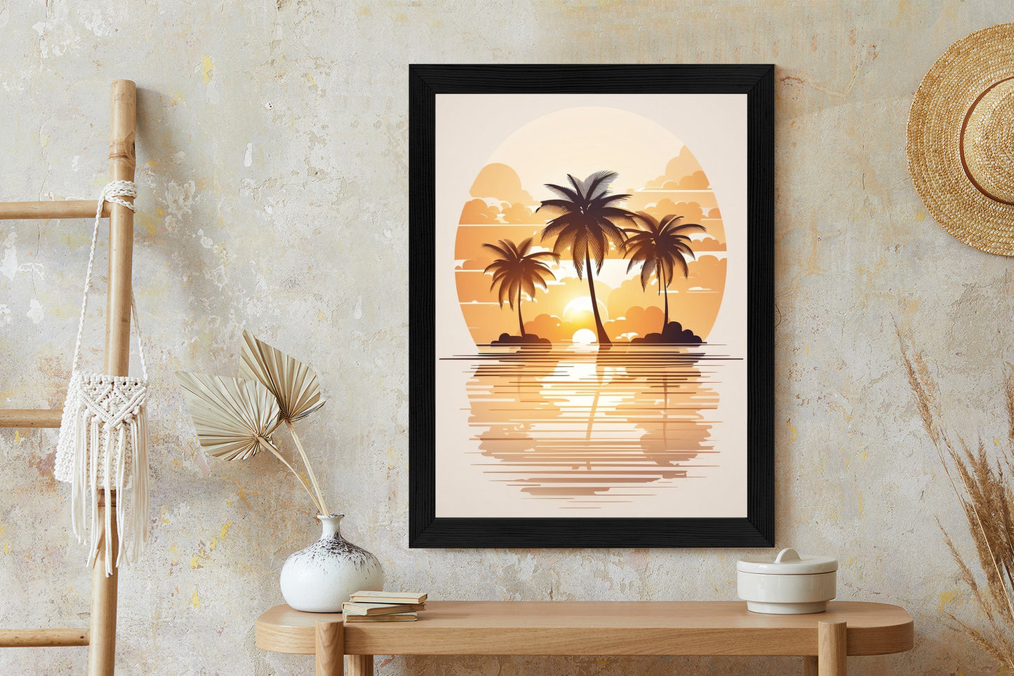 Poster Sonnenuntergang Und Drei Palmen Rahmen Holz Mit Passepartout Farbe Natürlich