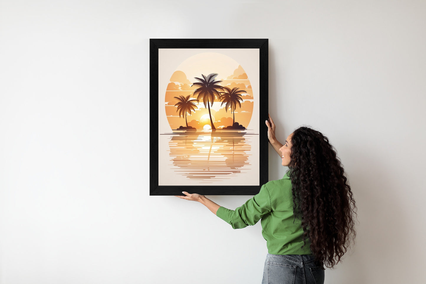 Poster Sonnenuntergang Und Drei Palmen Rahmen Holz Mit Passepartout Farbe Natürlich
