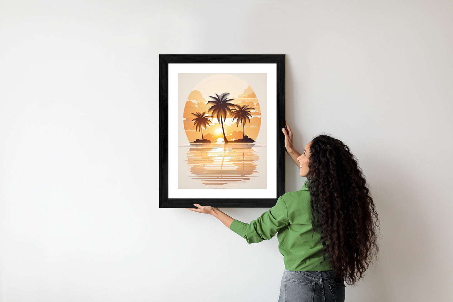 Poster Sonnenuntergang Und Drei Palmen Rahmen Holz Mit Passepartout Farbe Natürlich