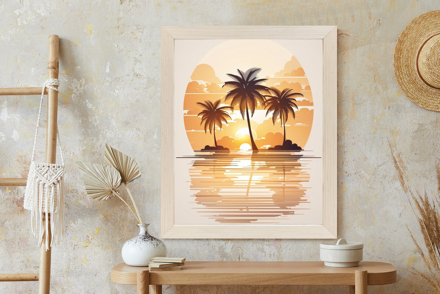 Poster Sonnenuntergang Und Drei Palmen Rahmen Holz Mit Passepartout Farbe Natürlich