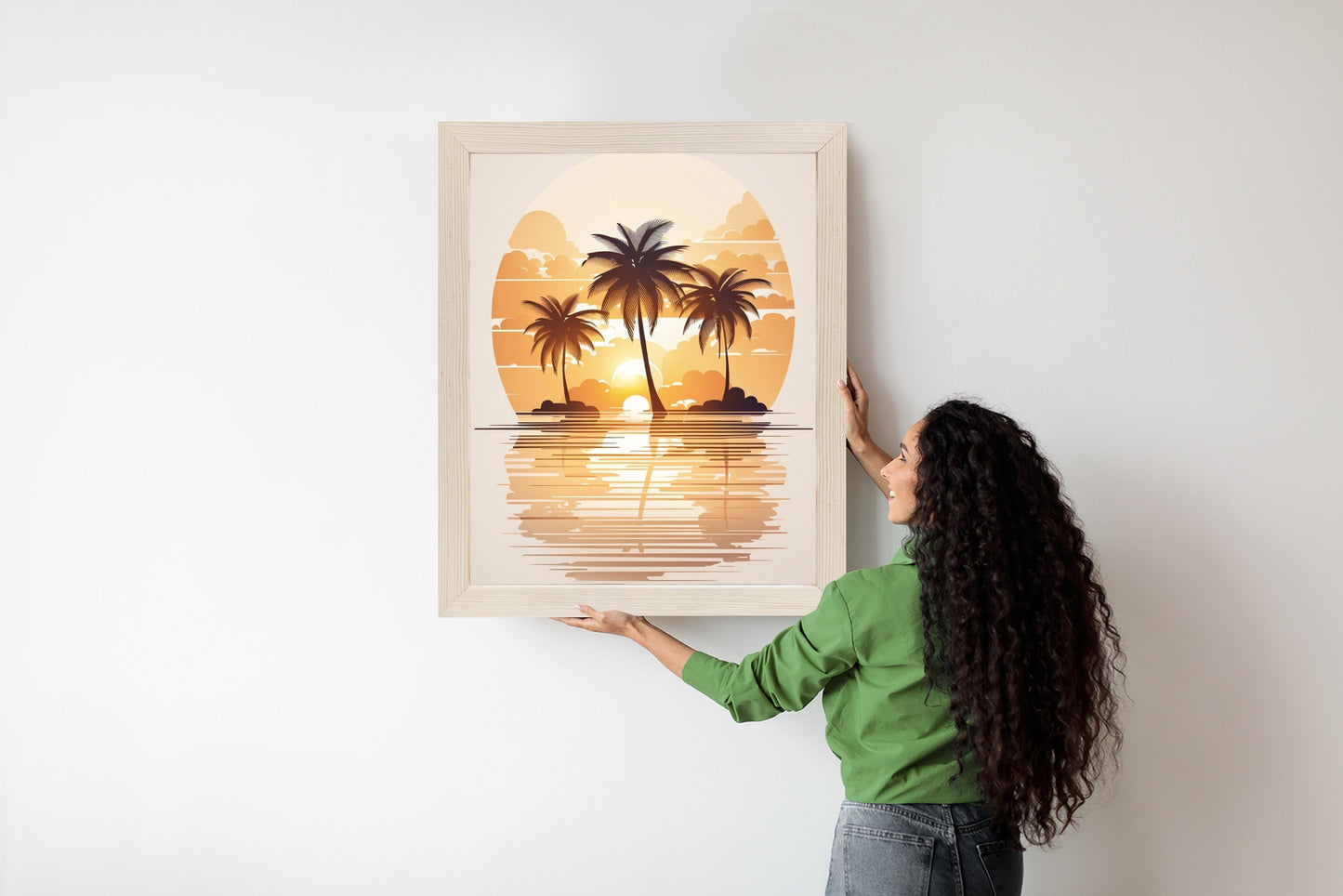 Poster Sonnenuntergang Und Drei Palmen Rahmen Holz Mit Passepartout Farbe Natürlich