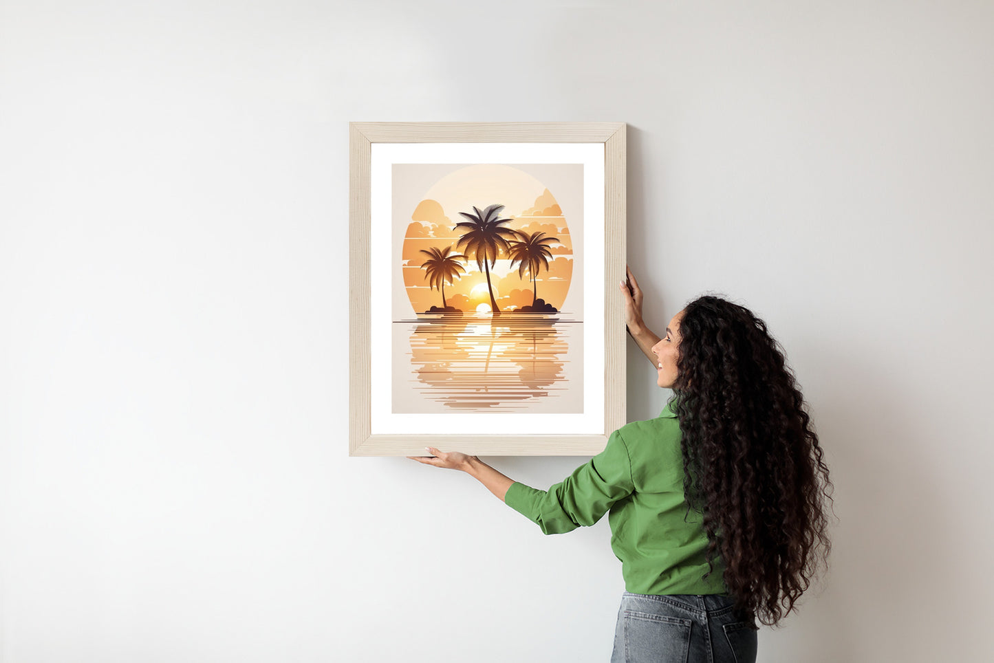 Poster Sonnenuntergang Und Drei Palmen Rahmen Holz Mit Passepartout Farbe Natürlich