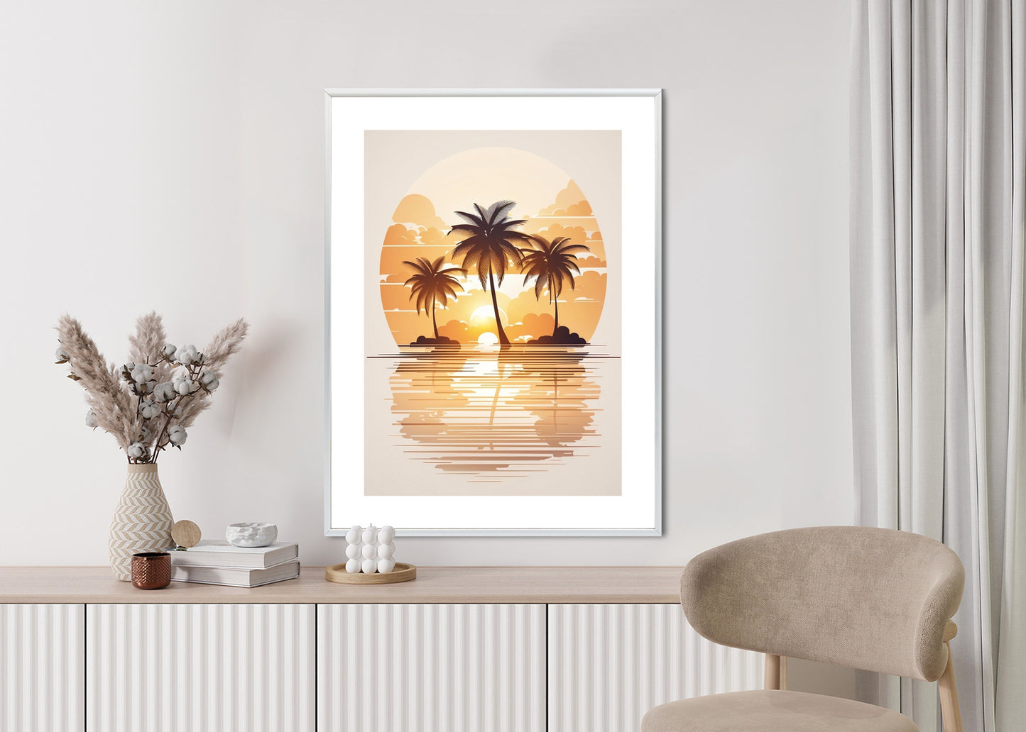 Poster Sonnenuntergang Und Drei Palmen Rahmen Holz Mit Passepartout Farbe Natürlich