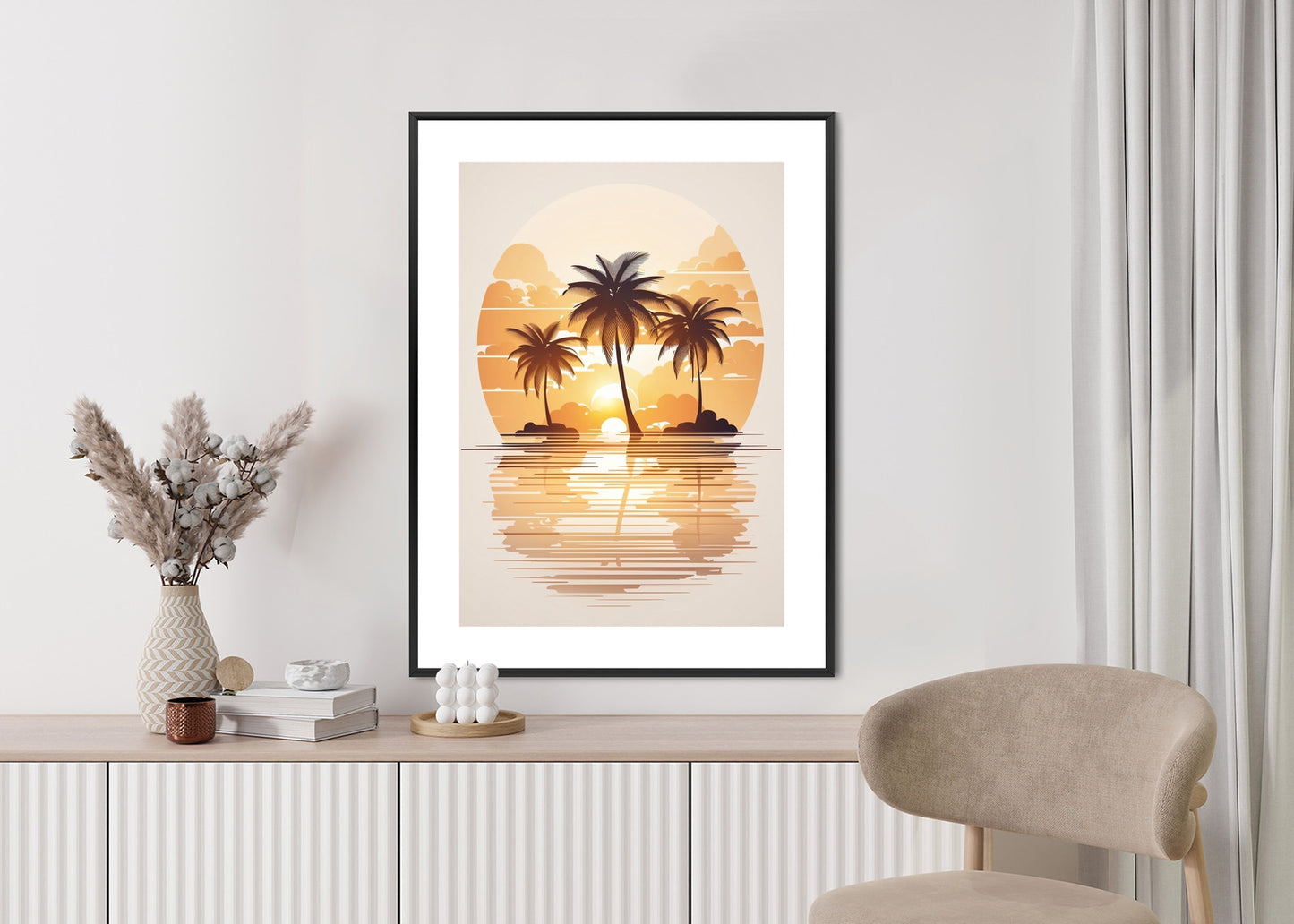 Poster Sonnenuntergang Und Drei Palmen Rahmen Holz Mit Passepartout Farbe Natürlich