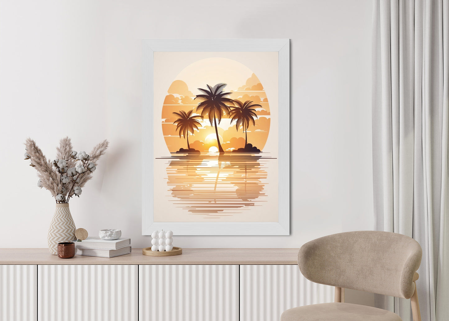 Poster Sonnenuntergang Und Drei Palmen Rahmen Holz Mit Passepartout Farbe Natürlich