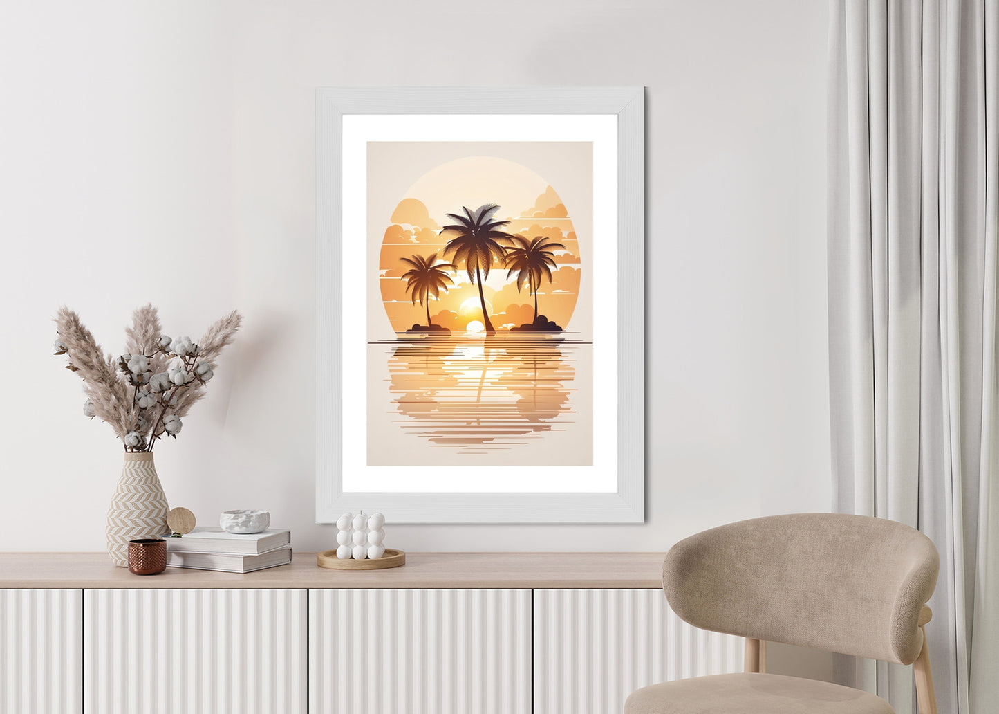 Poster Sonnenuntergang Und Drei Palmen Rahmen Holz Mit Passepartout Farbe Natürlich
