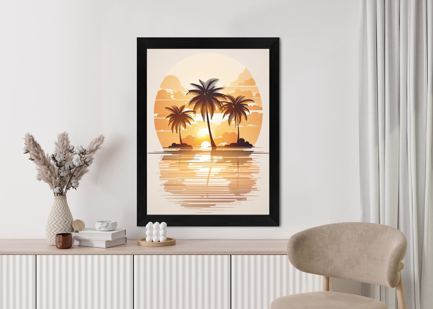 Poster Sonnenuntergang Und Drei Palmen Rahmen Holz Mit Passepartout Farbe Natürlich