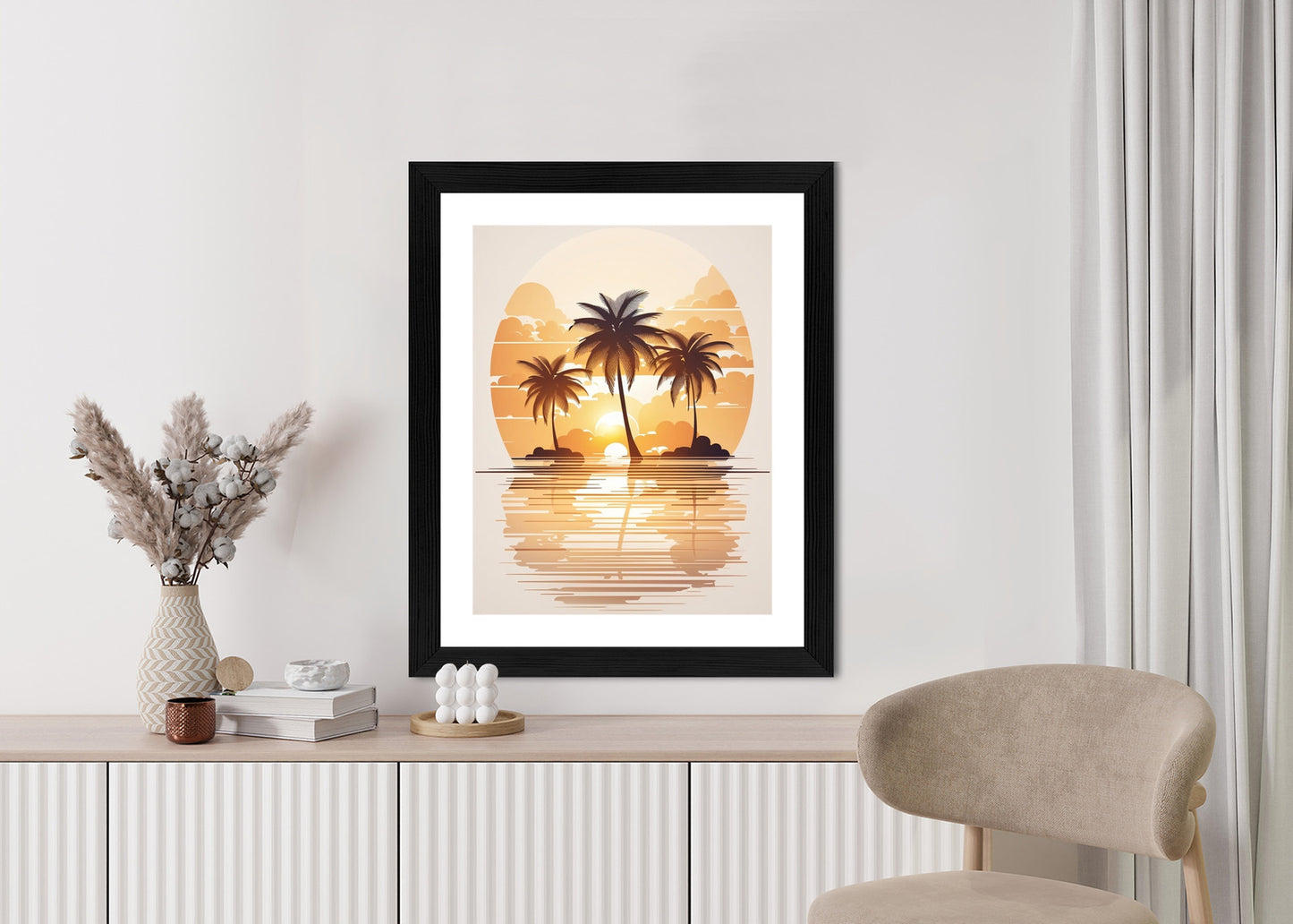 Poster Sonnenuntergang Und Drei Palmen Rahmen Holz Mit Passepartout Farbe Natürlich