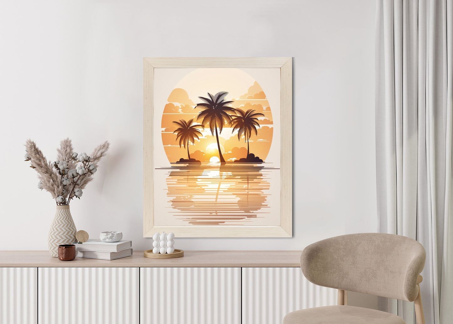 Poster Sonnenuntergang Und Drei Palmen Rahmen Holz Mit Passepartout Farbe Natürlich