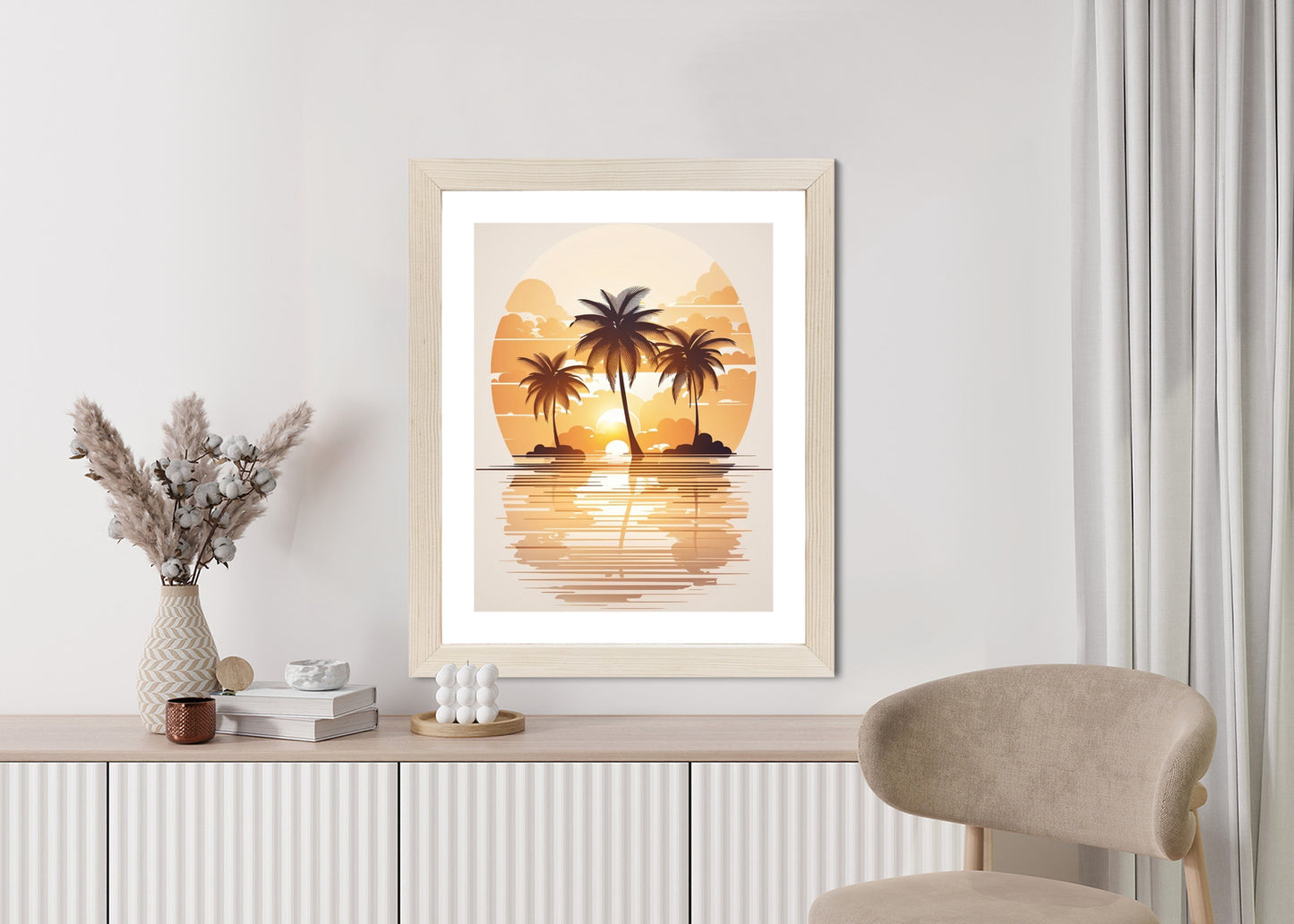 Poster Sonnenuntergang Und Drei Palmen Rahmen Holz Mit Passepartout Farbe Natürlich