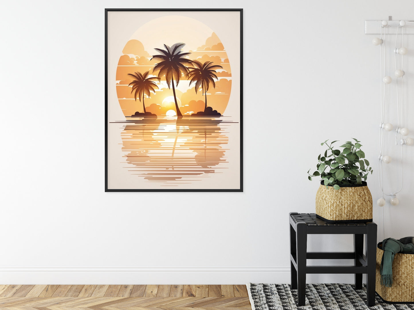Poster Sonnenuntergang Und Drei Palmen Rahmen Holz Mit Passepartout Farbe Natürlich