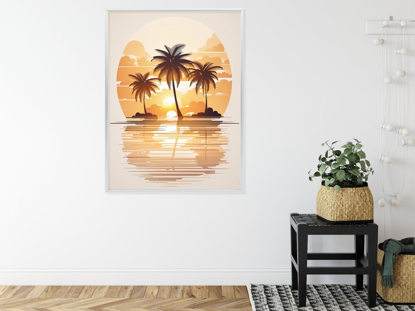 Poster Sonnenuntergang Und Drei Palmen Rahmen Holz Mit Passepartout Farbe Natürlich