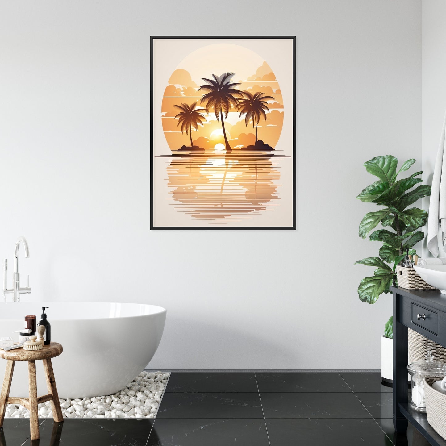Poster Sonnenuntergang Und Drei Palmen Rahmen Holz Mit Passepartout Farbe Natürlich