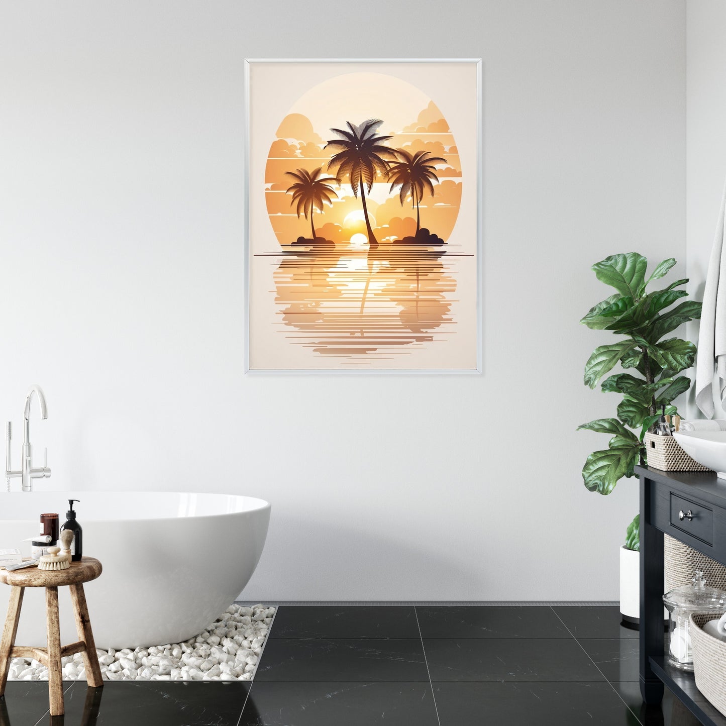 Poster Sonnenuntergang Und Drei Palmen Rahmen Holz Mit Passepartout Farbe Natürlich