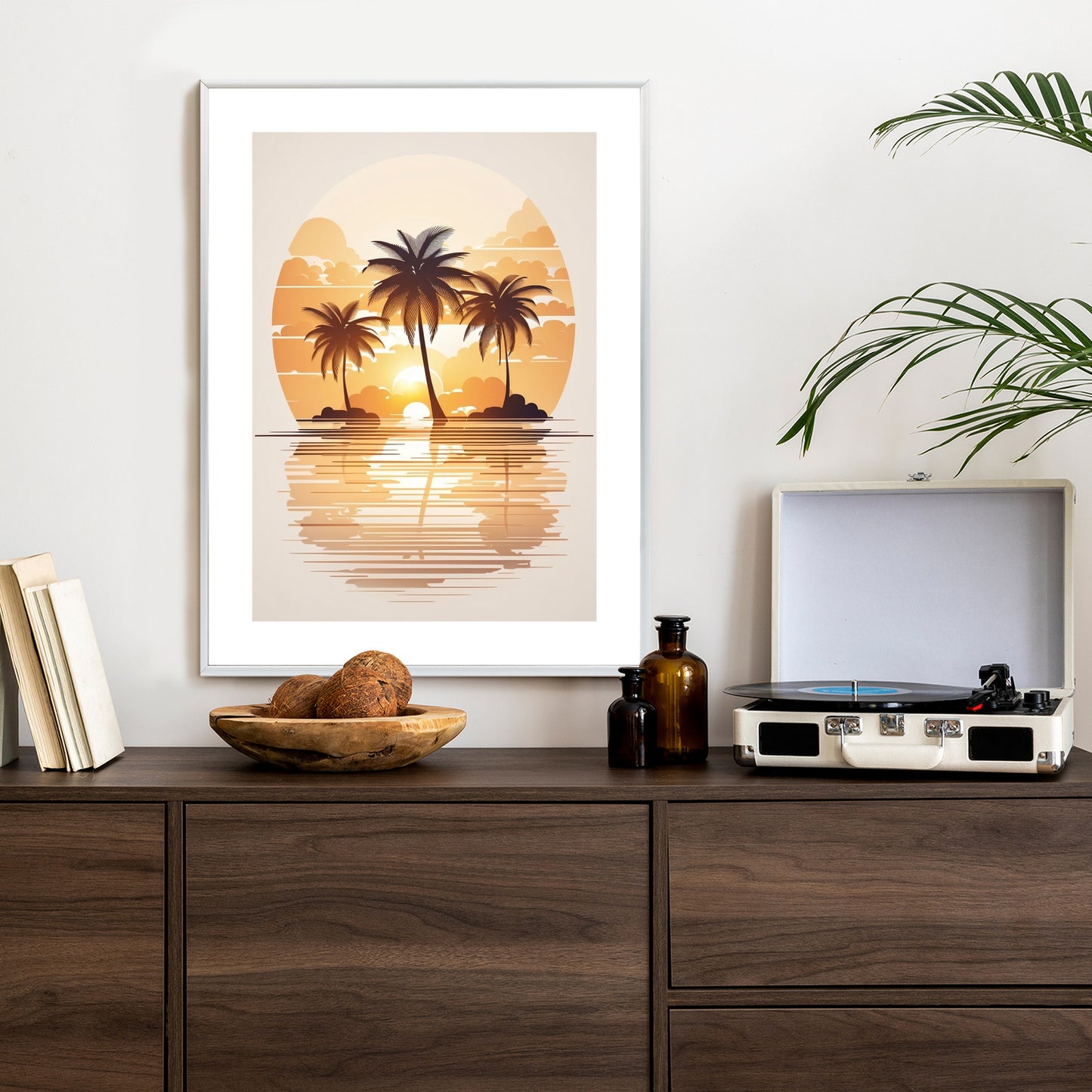 Poster Sonnenuntergang Und Drei Palmen Rahmen Holz Mit Passepartout Farbe Natürlich